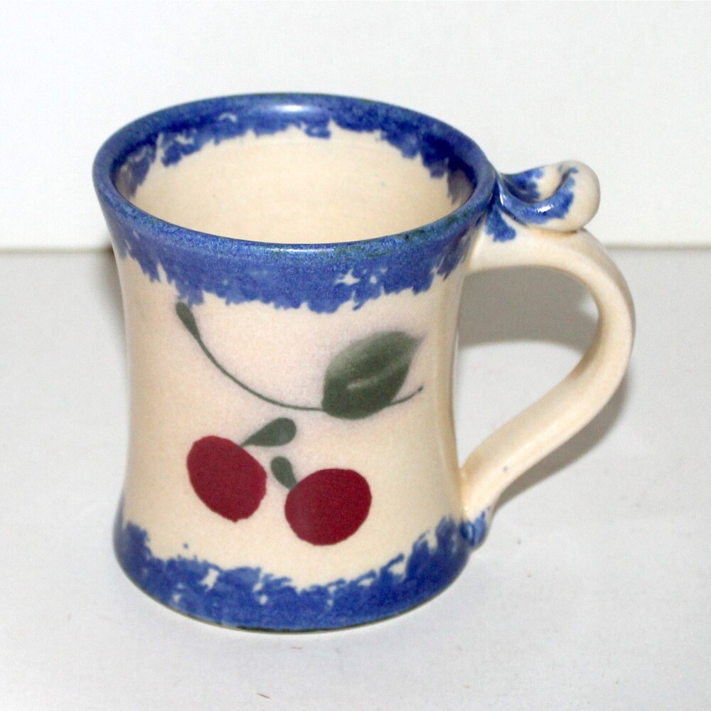 Hartstone Cherry Mug Studio Pottery signed Luchi marked spongeware blue